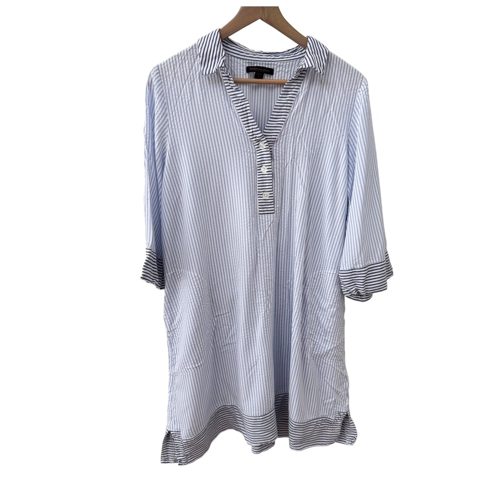 Donna Karan Nightshirt Large Blue Striped Henley 3/4 Sleeve Viscose Pockets